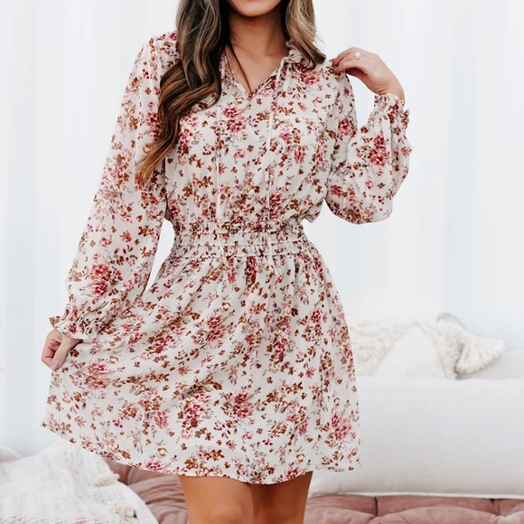 Kori Plus XL Floral smocked waist v neck flutter hem long sleeve mini dress - Picture 2 of 16